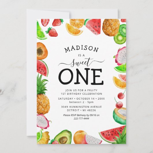 キュートサマーフルーツファースト誕生日招待状 招待状 (正面)