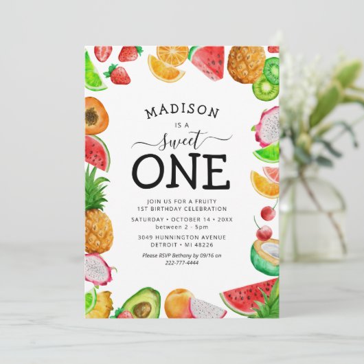 キュートサマーフルーツファースト誕生日招待状 招待状 (スタンド正面)