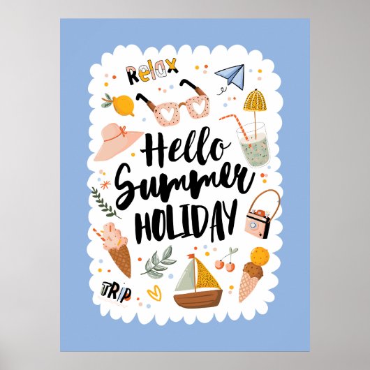 キュートサマーホリデイ引用文カラフルイラストレーション ポスター (正面)