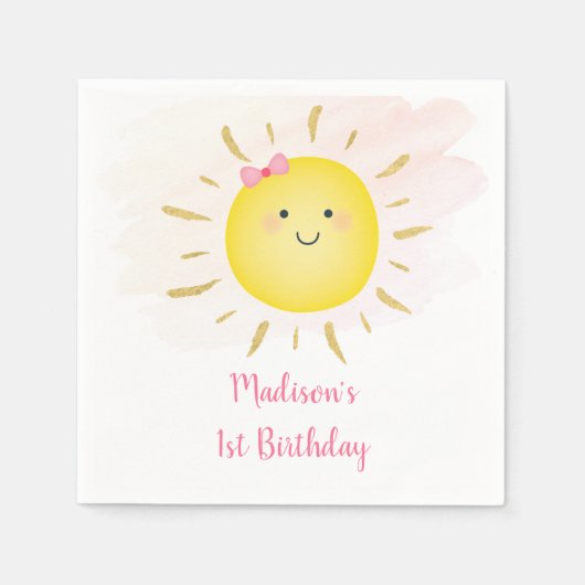 キュートサンシャインピンク&金ゴールド誕生日 スタンダードカクテルナプキン (正面)