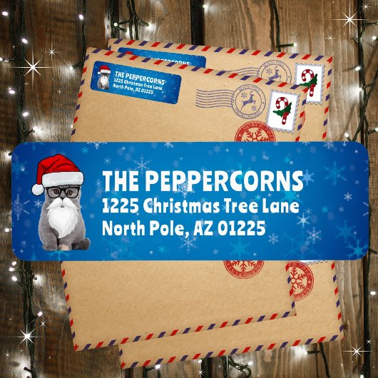 キュートサンタクリスマスキャットブルー差出人住所 ラベル