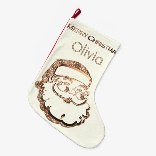 キュートサンタクロースエレガント金ゴールドアイボリーホワイト ラージクリスマスストッキング (正面 (吊り時))