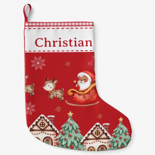 キュートサンタクロースリートナディージャンバーブレッドハウス スモールクリスマスストッキング (正面)