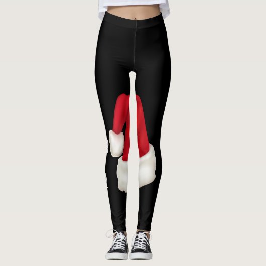 キュートサンタハットメリークリスマスタイポグラフィブラック レギンス (正面)