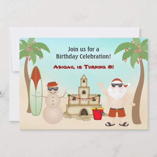 キュートサンタビーチクリスマスホリデー誕生日 招待状 (正面)
