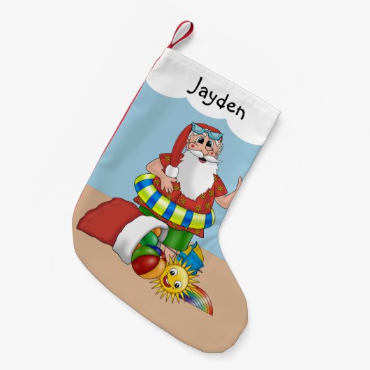 キュートサンタビーチトロピカル スモールクリスマスストッキング (正面 (吊り時))