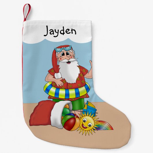 キュートサンタビーチトロピカル スモールクリスマスストッキング (正面)