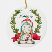 キュートサンタユニコーンホリーリースキッズ セラミックオーナメント (正面)