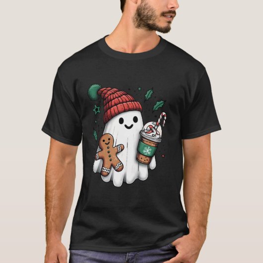 キュートサンタ幽霊飲みコーヒーアイスコーヒーラテ Tシャツ (正面)