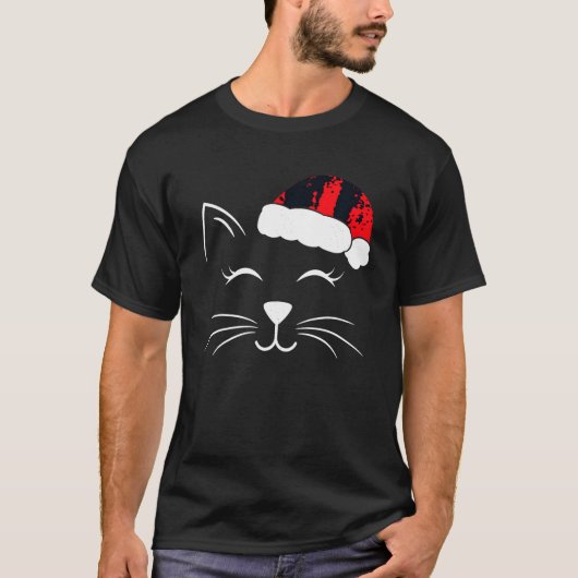 キュートサンタ猫好きおもしろいクリスマス子猫 Tシャツ (正面)