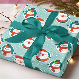 キュートサンタ雪だるまアクアブルークリスマスパターン ラッピングペーパー