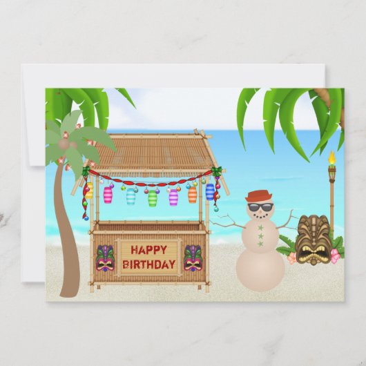 キュートサンド雪だるま冬ビーチ誕生日 招待状 (正面)