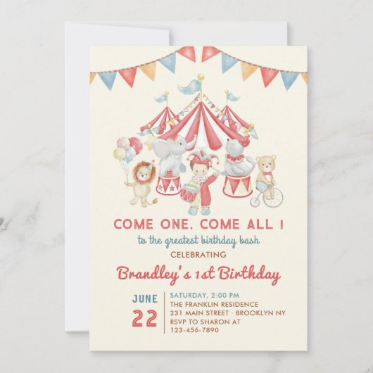 キュートサーカスアニマルカーニバル誕生日招待状 招待状 (正面)