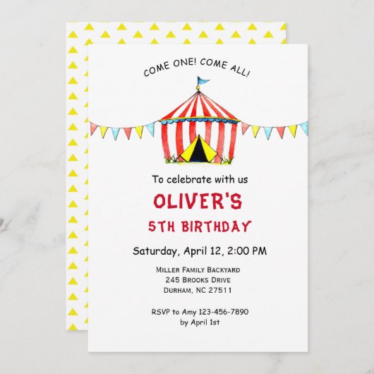 キュートサーカスカーニバル子供の誕生日招待 招待状 (正面/裏面)
