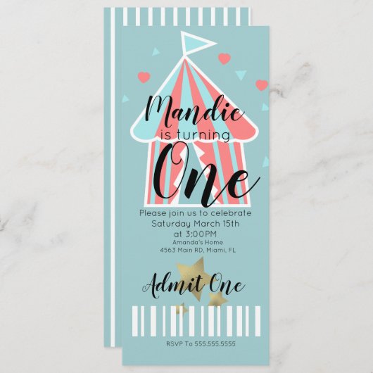 キュートサーカステントファースト誕生日チケット 招待状 (正面/裏面)