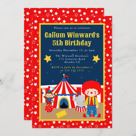 キュートサーカスボーイピエロ子供の誕生日 招待状 (正面/裏面)