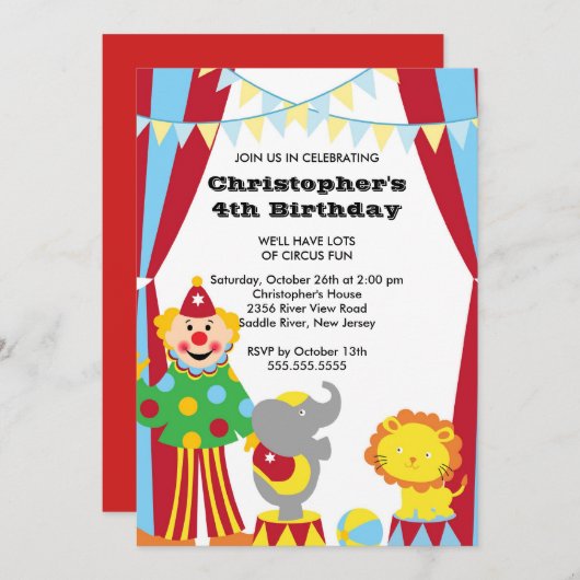 キュートサーカス子供の誕生日パーティの招待状 招待状 (正面/裏面)