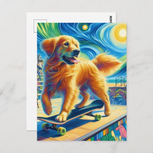 キュートサーレアルゴールデンレトリエバースケートボード ポストカード (正面/裏面)