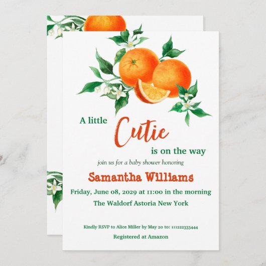 キュートシトラスリトルかわいこちゃんオレンジベビーシャワー 招待状 (正面/裏面)