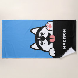 キュートシベリアンハスキー名前をカスタムする ビーチタオル