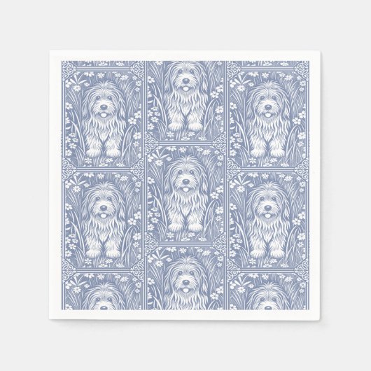 キュートシャギードッグブルーアンドホワイトコテージコア スタンダードカクテルナプキン (正面)