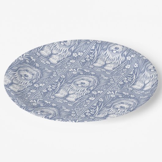 キュートシャギードッグブルーアンドホワイトコテージコア ペーパープレート (アングル)