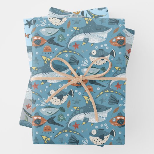 キュートシャークブルーグリーングレー誕生日男の赤ちゃん ラッピングペーパーシート (インサイチュ)