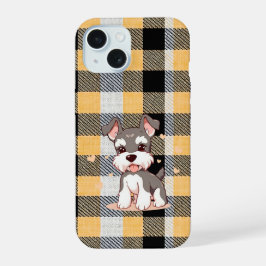 キュートシュナウザー犬イエローチェック iPhone 15ケース