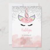 キュートシルバーグリッターユニコーン誕生日 招待状 (正面)