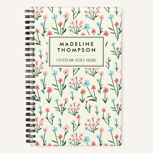 キュートシンプルボタニカルピンクブルーフラワーフローラ ノートブック (正面)