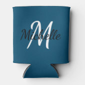 キュートシンプルモダンブルー&ホワイトモノグラムテンプレート 缶クーラー (正面)