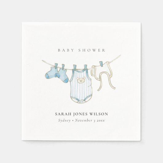 キュートシンプル男の赤ちゃんブルー物干しベビーシャワー スタンダードカクテルナプキン (正面)