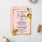 キュートシンプル金ゴールド&ピンク誕生日招待状 ノートカード (正面/裏面インサイチュ)
