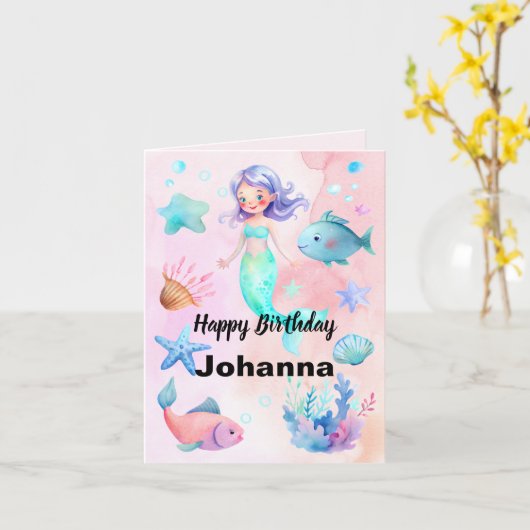 キュートシーアニマルズマーメイドテーマハッピーバースデー カード (黄色い花)