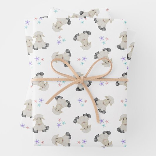 キュートシープキッズファームアニマルズ納屋周囲の庭誕生日 ラッピングペーパーシート (インサイチュ)