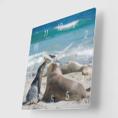 キュートシーライオン&ベビーカップビーチオーストラリアスクエア和 スクエア壁時計 (傾斜)