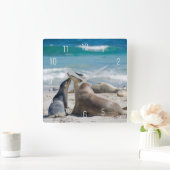 キュートシーライオン&ベビーカップビーチオーストラリアスクエア和 スクエア壁時計 (ホーム)
