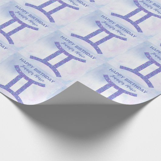 キュートジェミニサインカスタムパープルハッピーバースデー ラッピングペーパー (角)