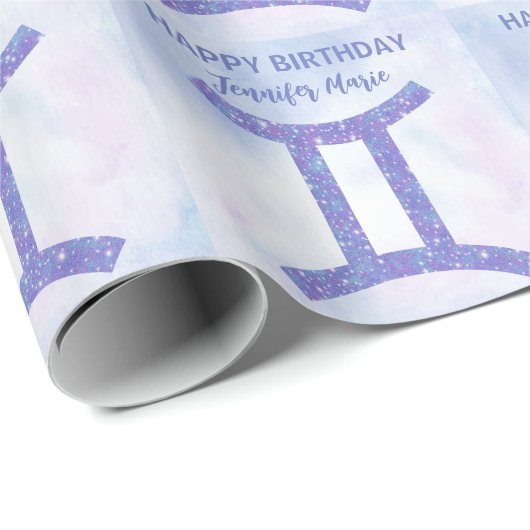 キュートジェミニサインカスタムパープルハッピーバースデー ラッピングペーパー (ロールコーナー)