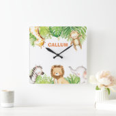 キュートジャングルサファリアニマルズ男の赤ちゃん子供部屋デコール スクエア壁時計 (ホーム)