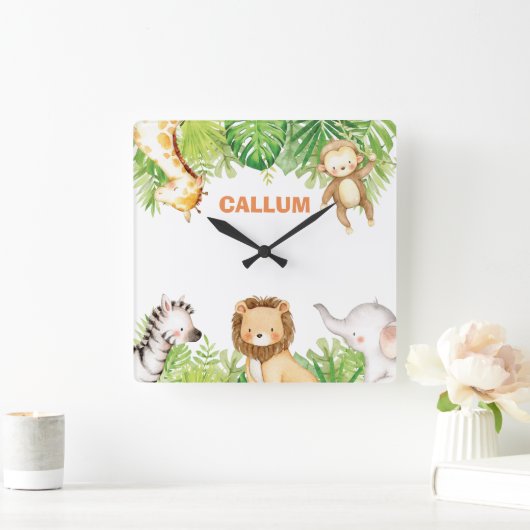 キュートジャングルサファリアニマルズ男の赤ちゃん子供部屋デコール スクエア壁時計 (ホーム)