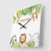キュートジャングルサファリアニマルズ男の赤ちゃん子供部屋デコール スクエア壁時計 (傾斜)