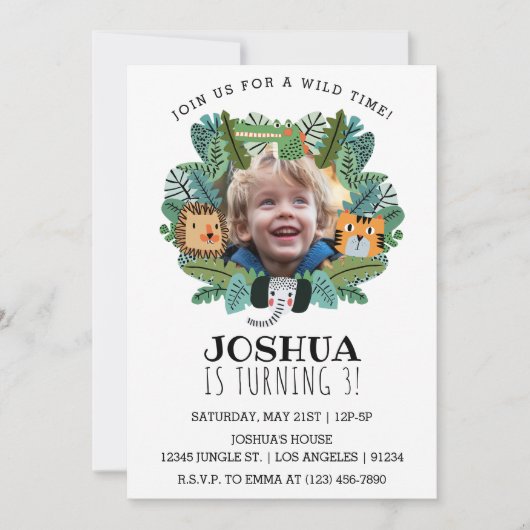 キュートジャングルサファリオンタイガーエレファント誕生日 招待状 (正面)