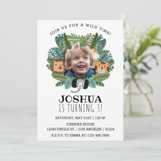 キュートジャングルサファリオンタイガーエレファント誕生日 招待状 (スタンド正面)