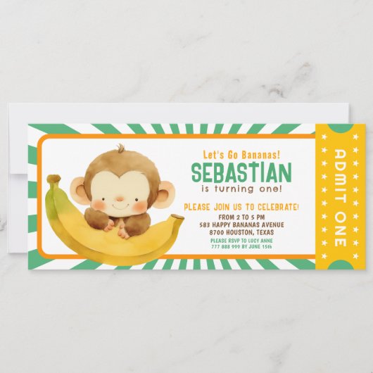 キュートジャングルバナナモンキー子供の誕生日チケット 招待状 (正面)