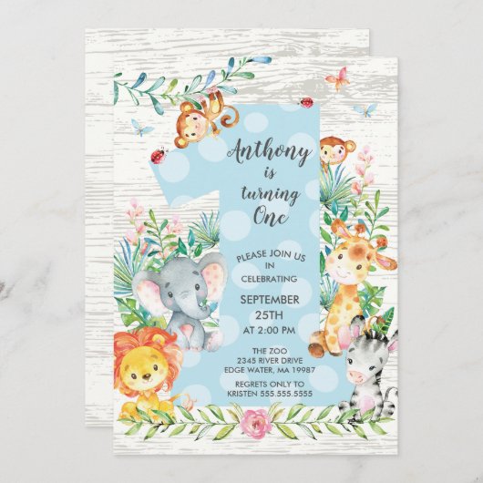 キュートジャングルビッグワンボーイズ誕生日招待状 招待状 (正面/裏面)