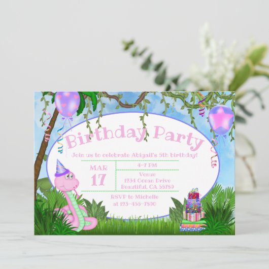 キュートジャングルピンクヘビ子供の誕生日パーティー 招待状 (スタンド正面)