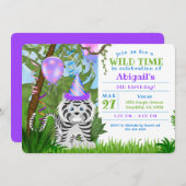 キュートジャングルホワイトタイガー子供の誕生日パーティー 招待状 (正面/裏面)