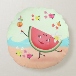 キュートスイカキャラクターとビーチ ラウンドクッション