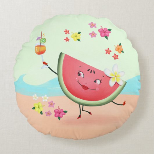 キュートスイカキャラクターとビーチ ラウンドクッション (正面)